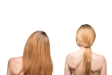 Woman backside, beautiful woman with ombre hair isolated on a white.