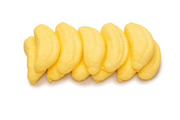 Banana marshmallow candy isolated on a white background.