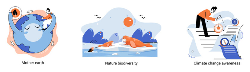 Change climate awareness, saving planet, World Environment Day, global warming ecological problems. Mother Earth day, nature biodiversity metaphor set. Care for surroundings eco concept