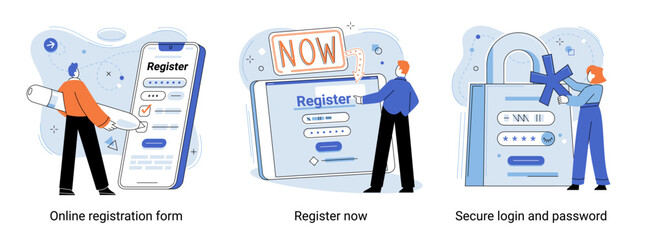 Registration or sign up user interface metaphor. People using secure login and password, account data authorization. Characters use personal data security. Registration online form mobile technology