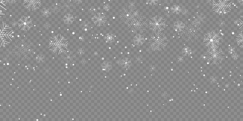 Vector heavy snowfall, snowflakes in different shapes and forms. Snow flakes, snow background. Falling Christmas. Stock royalty free vector illustration. PNG