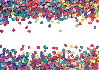 Colorful recycling paper confetti frame isolated transparent png. Carnival and holidays attribute.