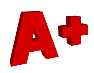 school grade result, 3d illustration of a capital letter a and plus sign in red color