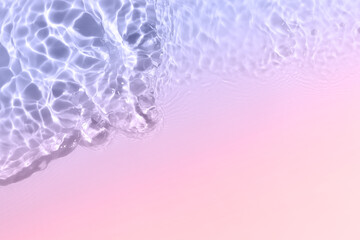 Serum or water texture close up. Bright violet and pink gradient liquid gel background. Transparent beauty skincare sample. Water clear transparent background. Banner with copy space.