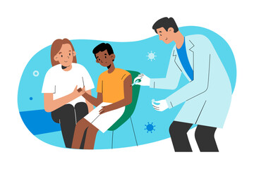 Covid vaccine for young children, medical doctor giving a vaccine injection against coronavirus to a boy sitting next to his smiling mother, pediatrician holding a syringe, vector illustration