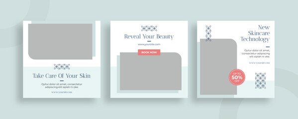 Set of editable templates for Instagram post, Facebook square, skincare, beauty product, treatment, clinic, advertisement, business, store, fresh design with simple color (2/3)