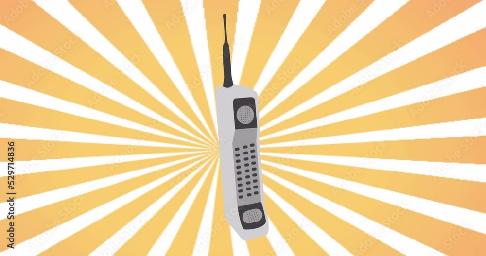 Poster animation motion loop design with an old retro hipster first mobile phone with antenna from the 90s,