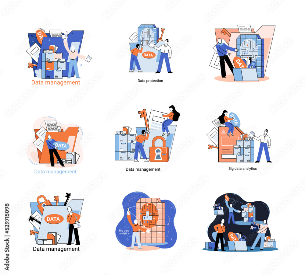 Poster big data analytics platform, data management and protection creative metaphor set abstract concept. 