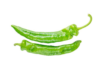 Two green long italian frying peppers isolated transparent png. Cuban Cubanelle pepper pods.