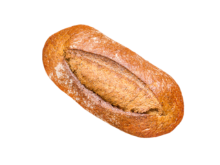 Whole-grain bread. Whole wheat loaf top view. Artisan rustic bread isolated transparent png.