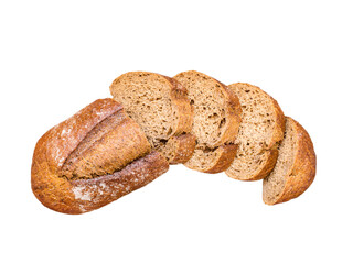 Whole-grain sliced bread. Whole wheat loaf top view. Artisan rustic bread isolated transparent png.