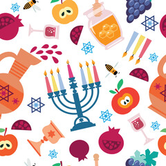 Rosh hashanah , Shana Tova - jewish new year holiday seamless pattern vector template background cartoon flat design Pomegranate, honey, wine, menorah, candle, star David, apple, shofar, flower
