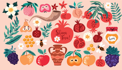 Shana Tova set elements   Vector flat  hand drawn illustration
