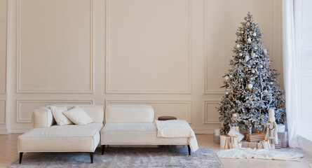 Modern interior with sofa Christmas tree