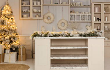Light kitchen interior with Christmas tree