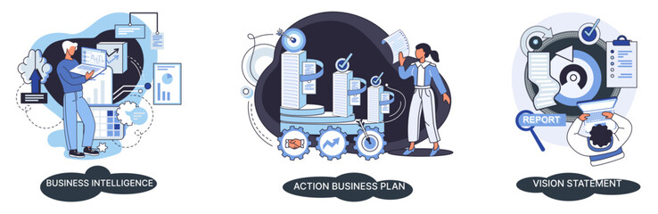 Business intelligence action business plan. Strategic planning automation process. Mission rules vision statement competitive intelligence, goals action plan, loyalty abstract metaphor, teamwork set