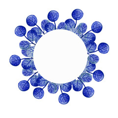 Nordic leaves round watercolor frame, round leaves, template, eco-friendly product, blue color, your inscription