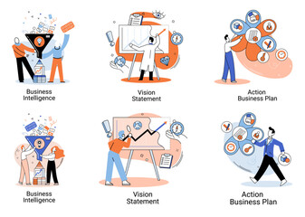 Business intelligence action business plan. Strategic planning automation process. Mission rules vision statement competitive intelligence, goals action plan, loyalty abstract metaphor, teamwork set