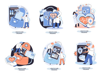 Health care program metaphor, online medical services, protection medicine. Medical insurance, hospital services, preventive check up, sick leave certificate treatment diagnosis patients, telemedicine