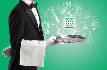 Waiter holding silver tray with food icons above