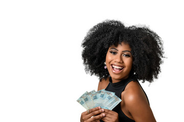  woman smiling holding brazilian money bills, positively surprised, space for text, person,...