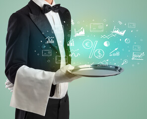 Handsome young waiter in tuxedo holding money icons on tray