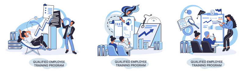 Qualified employee training program. Refresher course metaphor. Help in professional development. Learning for software development and growth. Agile project management team project life scrum meeting