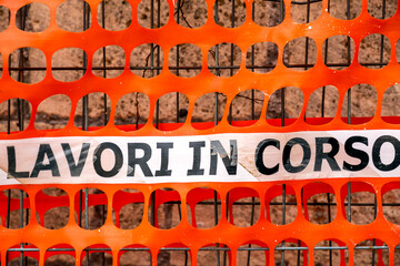 Lavori in Corso, meaning Work in Progress construction barrier sign in Italy