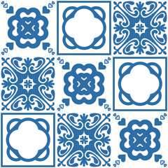 Azulejo blue tiles for wall decoration, traditional portuguese pattern for design and textile, vector illustration