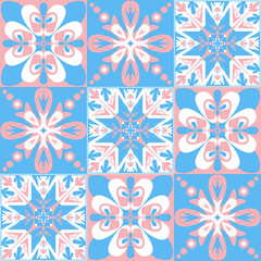 azulejo tile spanish style, TalaVera de Puebla ceramic tile pastel pink blue white color, beautiful ornate pattern for wall decoration