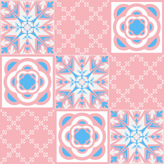 TalaVera de Puebla pastel colored ceramic tile, traditional spanish e pattern for wall design, pink blue white vector illustration