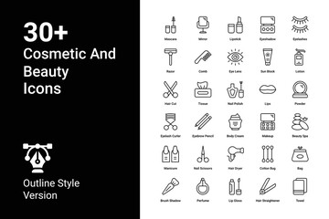 Cosmetic and Beauty icons set. icons include nail, linear, lips, lipstick, lotion, makeup, mirror, with elements for mobile concepts and web apps.