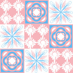 Spanish ceramic tiles azulejo talavera, pastel pattern pink blue cute delicate decor for walls and floors, vector illustration