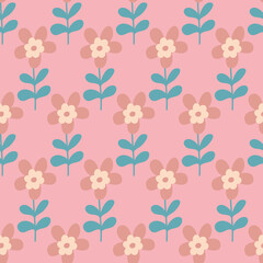 Pink flowers seamless pattern for textile and packaging design, vector illustration simple