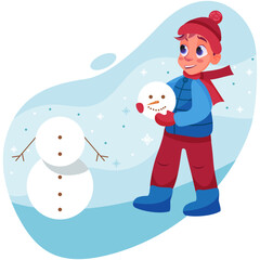 A little boy plays in the winter on the street, sculpts a snowman. There is a blizzard and snow on the street. Vector illustration of winter christmas and new year holidays.