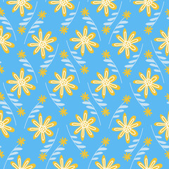 Fototapeta na wymiar Chamomile flowers on blue background seamless pattern for textile and packaging design