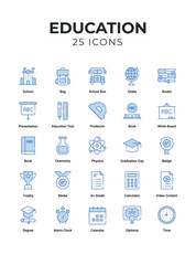 Education icons set. icons include search, translator, growth, lecture, study, tools, library, eBook, homework, with elements for mobile concepts and web apps.