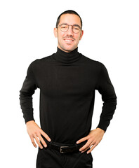 Happy young man posing against background