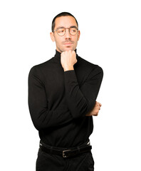 Hesitant young man looking gesture