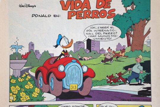 Donald Duck Comic Magazine. Donald In His Red Car. Magazine With Illustrations Of Walt Disney. Reading For Children Bullet Stories From The 80's.