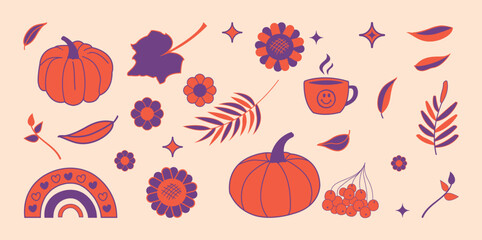 Autumn vector elements collection with pumpkins, cup, leaves, sunflowers, stars, rowan and flowers