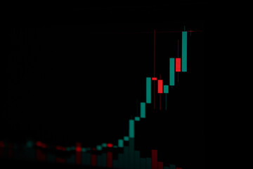 Stock market exchange candlestick chart graph close up, macro, Day trading concept. candle sticks on screen up close, technical analysis business abstract blur bg, forex wide background texture