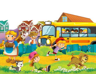 Obraz na płótnie Canvas cartoon scene with children on the farm having fun and school bus - illustration for children