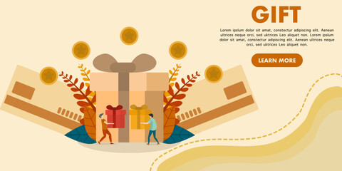 Loyalty program concept. People get gifts and gifts from the shop, bonus points, discounts. Flat vector illustration for promotion, e-commerce, sales, marketing technique, digital marketing.