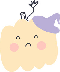 Hand drawn Halloween pumpkin in witch hat.
