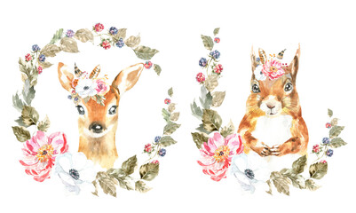 Watercolor woodland animal boho bunny, deer botanical frame isolated cute animal. Nursery forest illustration. Bohemian boho animals for baby shower invitation, nursery decor, print, greeting card