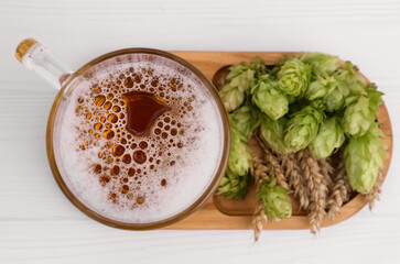 Mug with beer, fresh hops and ears of wheat on white wooden table, top view