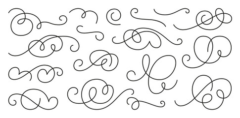 Calligraphic scroll element set, swirl ornament. Decorative curls, swirls flourishes, divider, swashes and filigree line ornaments for menu, certificate, diploma, wedding card, invatation