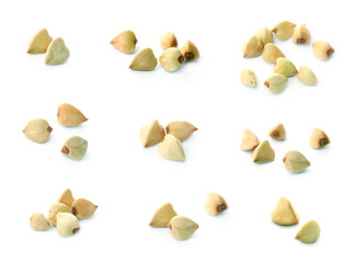 Organic green buckwheat grains on white background