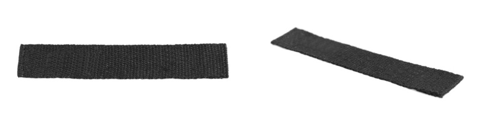 Blank black clothing labels on white background, collage. Banner design